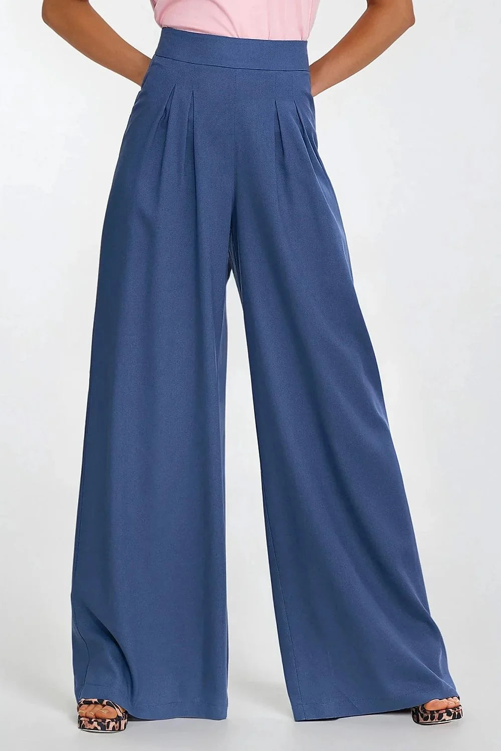 Pantalon femme long élégant coupe régulière taille haute jambes larges style moderne profesionnel soirée bleu profond