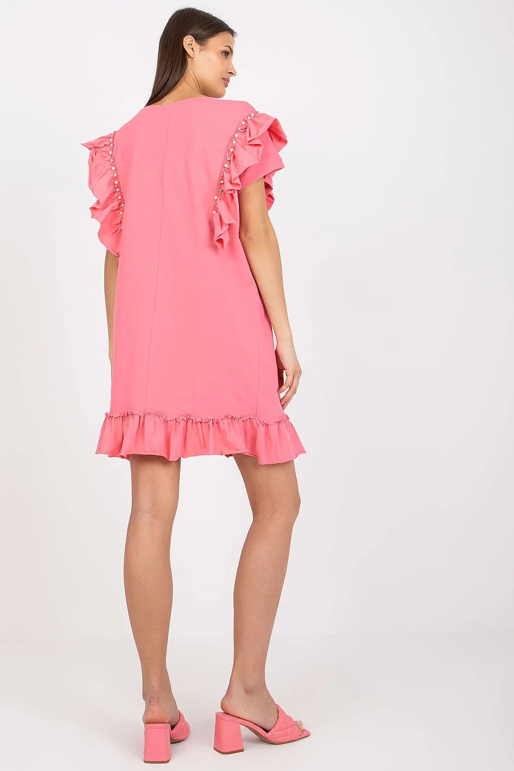 robe estivale corail légère fluide coton viscose col rond coupe droite manches courtes volants perles ourlet volanté féminine chic confortable