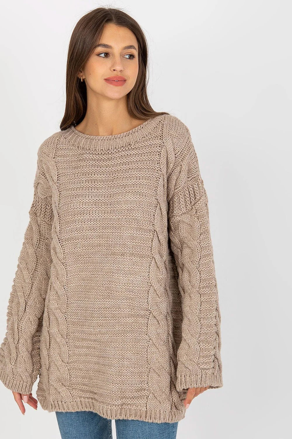 Chandail Rue Paris pull tricot maille torsadée manches longues col rond laine acrylique gris clair femme
