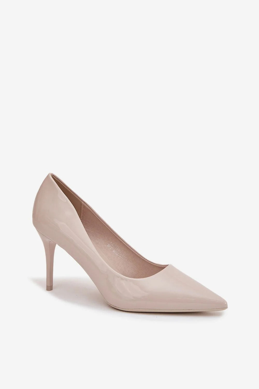 escarpins femme beige vernis cuir synthétique bout pointu talon aiguille 85mm finition brillante coupe basse semelle fine silhouette élancée