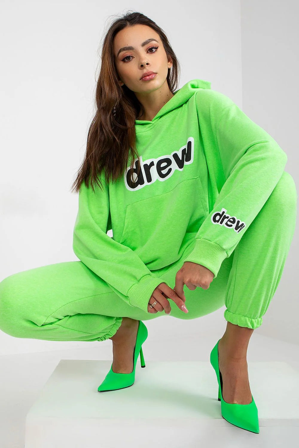 Ensemble Ex Moda Femme Sweat à Capuche et Joggers Coupe Oversize en Coton-Polyester Vert Vif