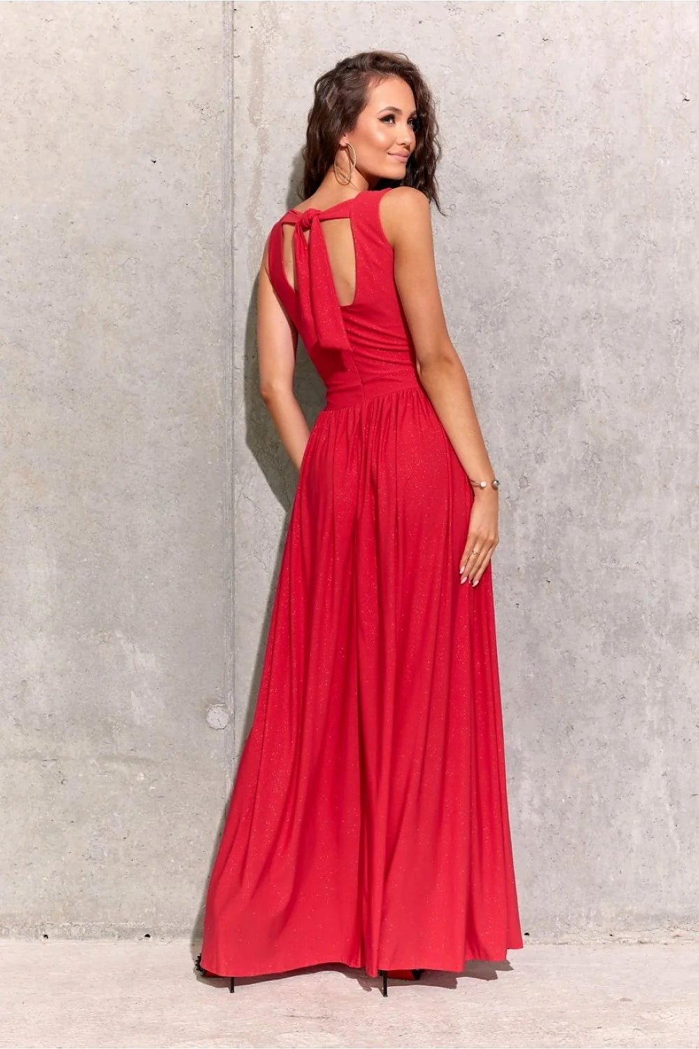 Robe longue élégante sans manches couleur rouge vif en tissu scintillant fente haute dos ajustable pour femme