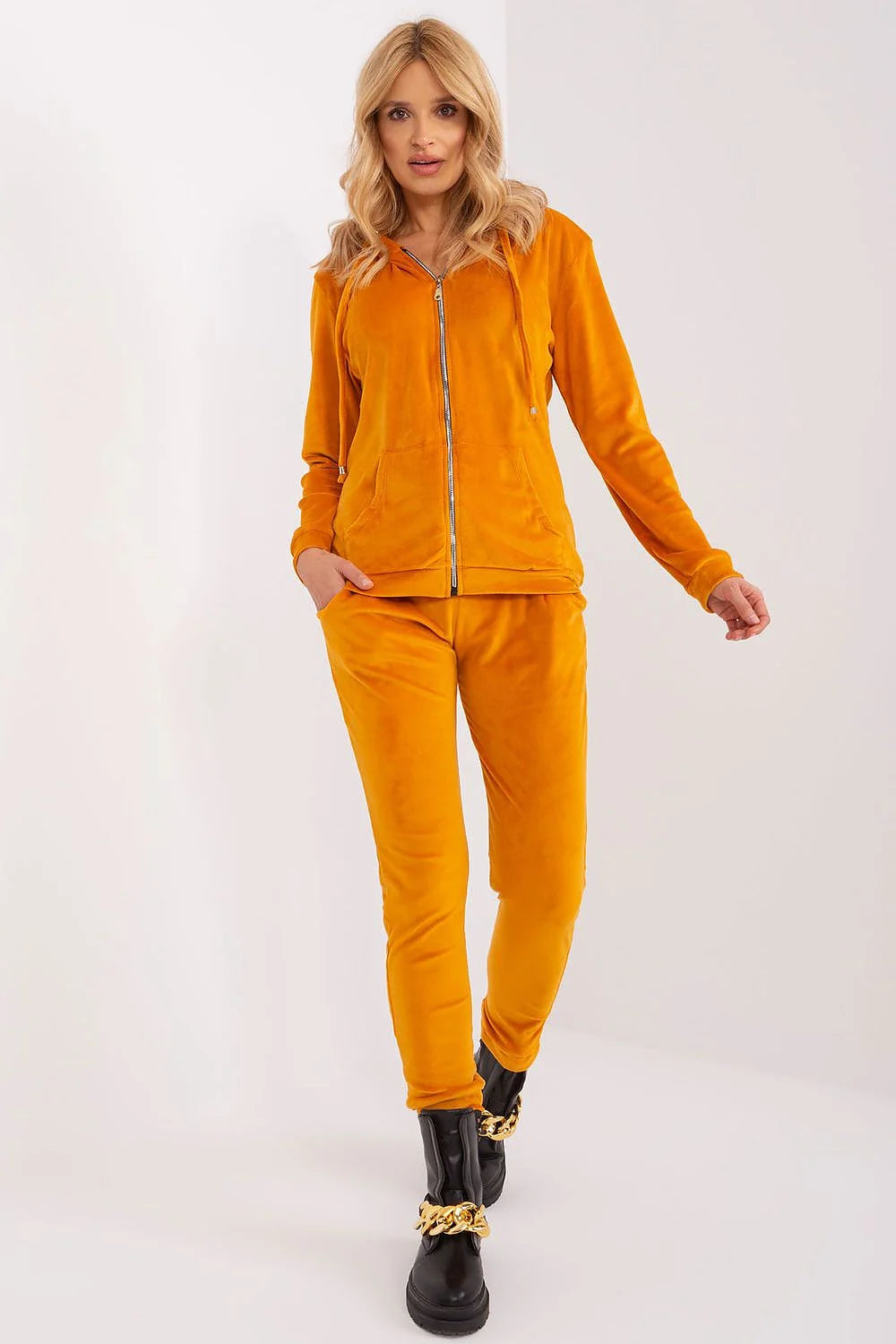 Ensemble deux pièces velours orange vif femmes veste capuche pantalon assorti mode moderne confort