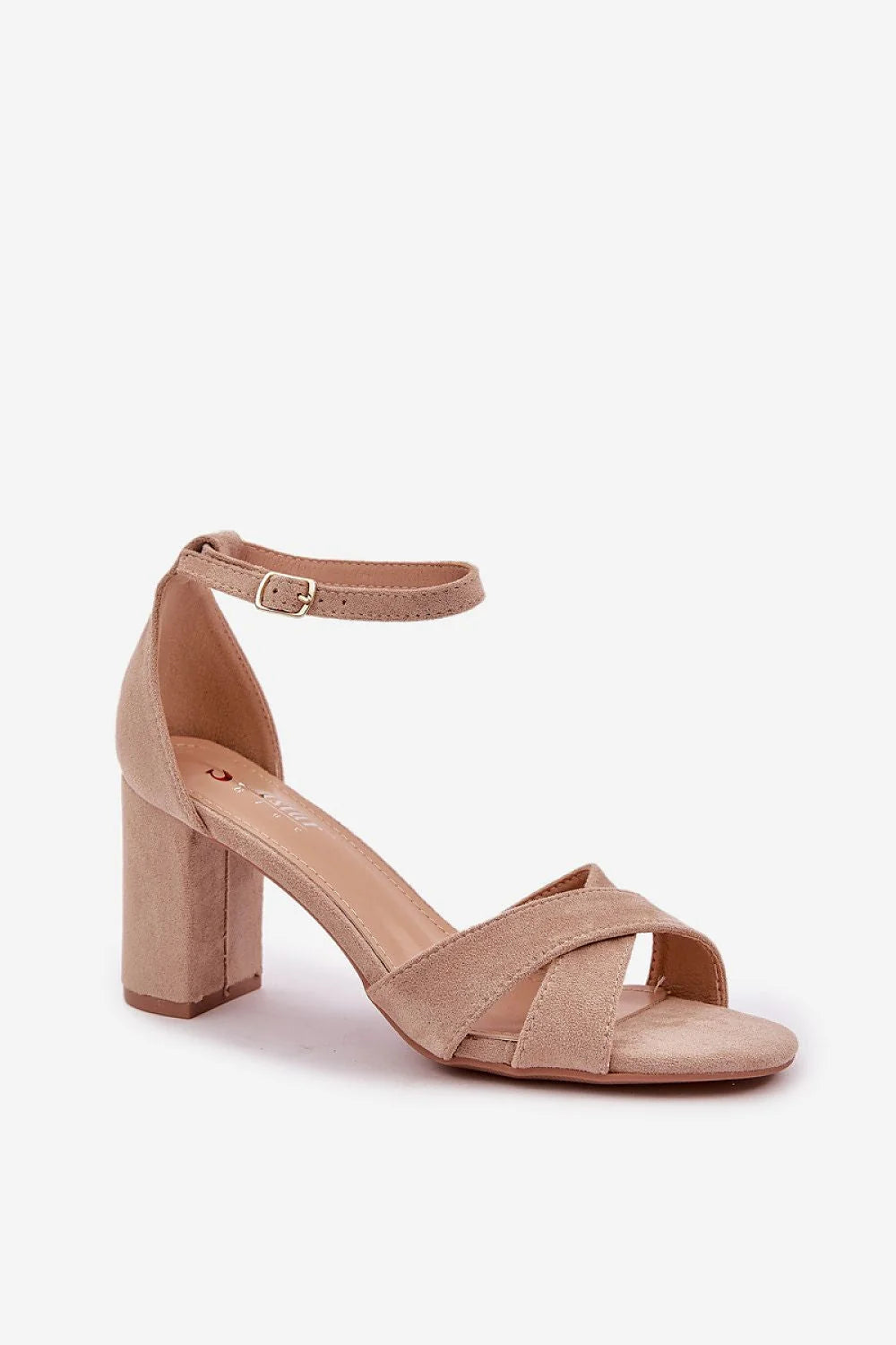 Sandales à talons carrés élégantes femmes suède beige adjustable straps chain details summer shoes