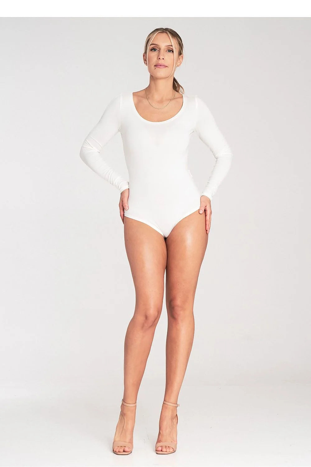 Body pour femme longues manches encolure arrondie en viscose élasthanne stretch taille S M L XL blanc