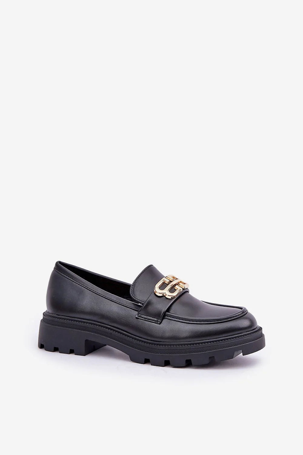 mocassins femmes cuir artificiel noir lisse bride bijou doré doubleboucle bout arrondi semelle plateforme crantée antidérapante intérieur rembourré talon 4cm