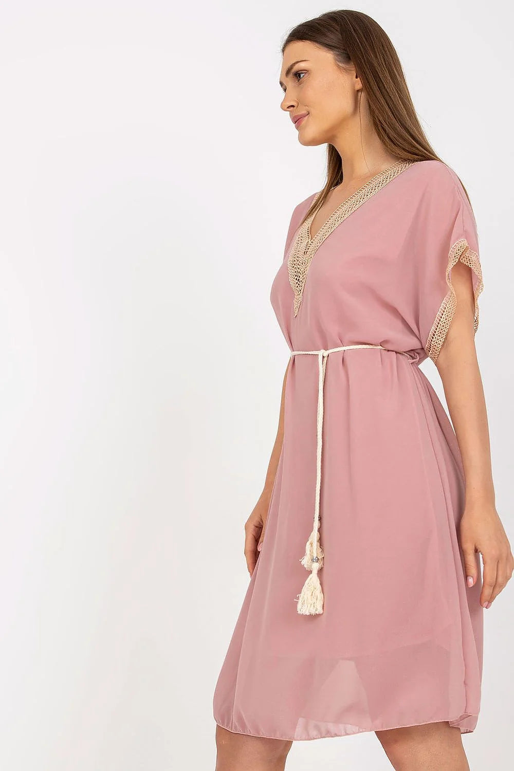 Robe de jour féminine ample manches courtes encolure en V ceinture pompons tissu léger couleur orange vif polyester viscose femme