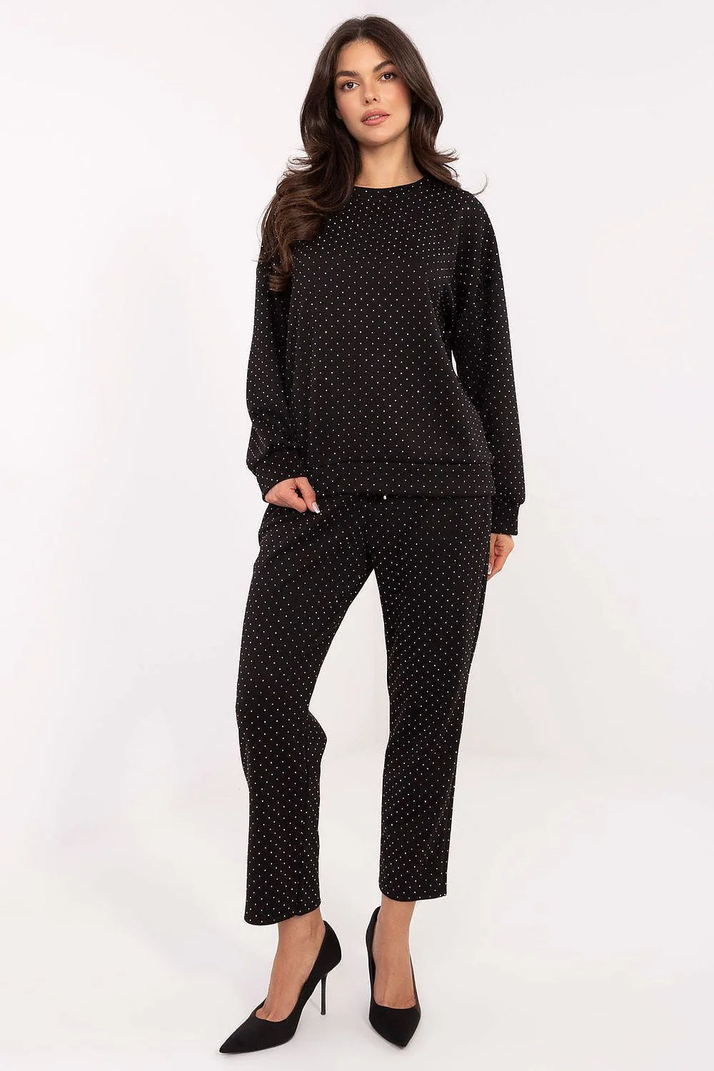 ensemble survêtement femme chic confortable sweat oversize col rond pantalon droit cropped taille haute ceinture nouer strass micropois