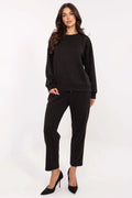 ensemble survêtement femme chic confortable sweat oversize col rond pantalon droit cropped taille haute ceinture nouer strass micropois
