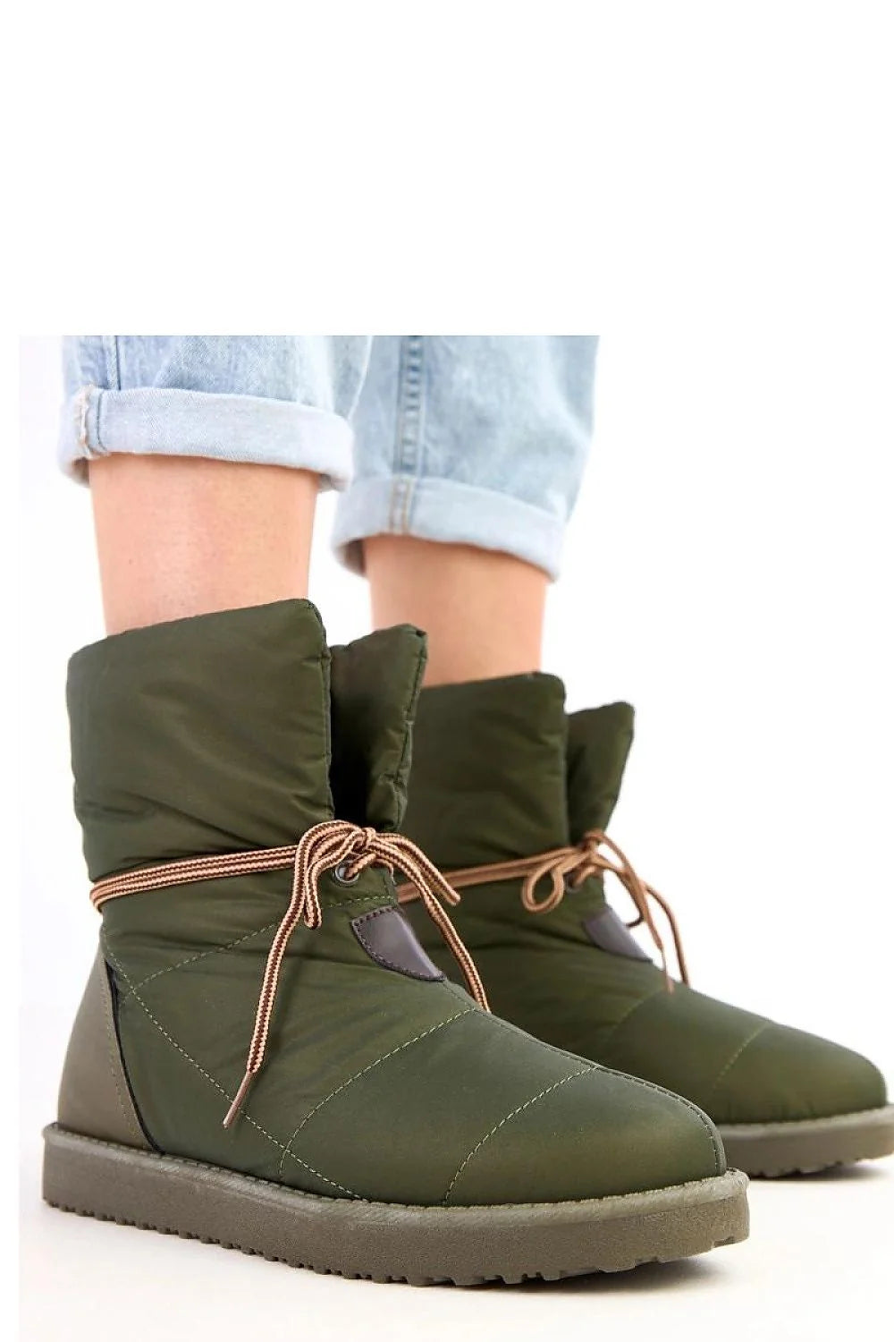 bottes neige femme cheville matelassées kaki olive nylon isolant lacet décoratif cordon marron ajustable semelle crantée caoutchouc antidérapante doublure chaude