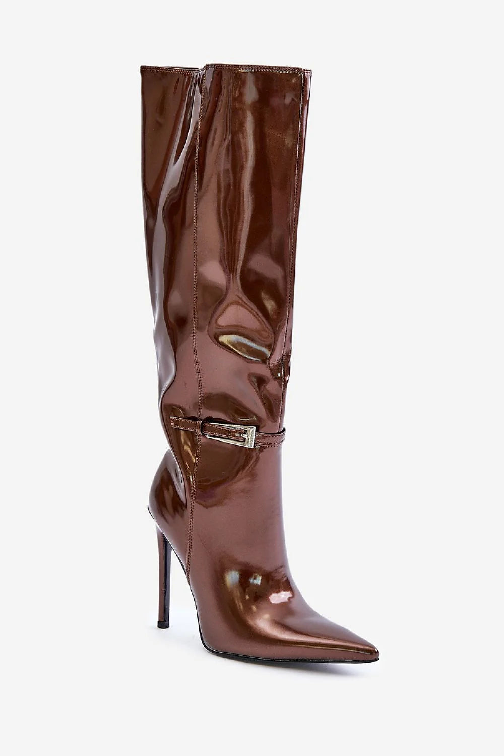 Bottes à talons aiguilles en cuir synthétique brillant pour femmes, style audacieux, couleur métallique brun, coupe haute, look élégant et moderne, soirée et occasions spéciales