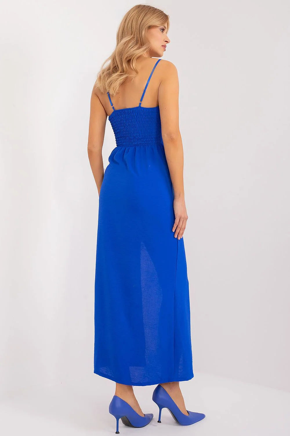 Robe de cocktail Italia Moda bleu cobalt sans manches fleur décorative taille ajustable fente latérale polyester élasthanne soirée élégante