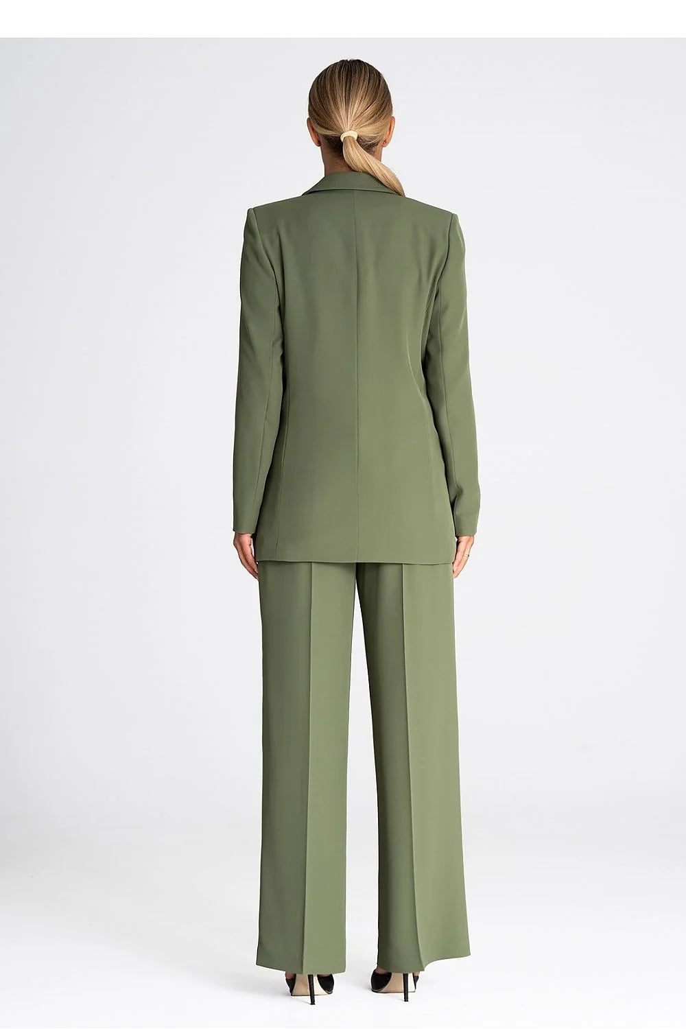 Tailleur femme élégant vert olive double boutonnage veste pantalon高定 coupe structurée occasion formelle