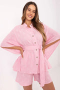 Ensemble Lakerta pour femme, chemise et shorts en coton crêpe, broderie florale, couleur rose pâle, ceinture assortie, style décontracté, coupe ample, manches larges, col rond, boutons en bois, occasion estivale, vêtement confortable, mode féminine
