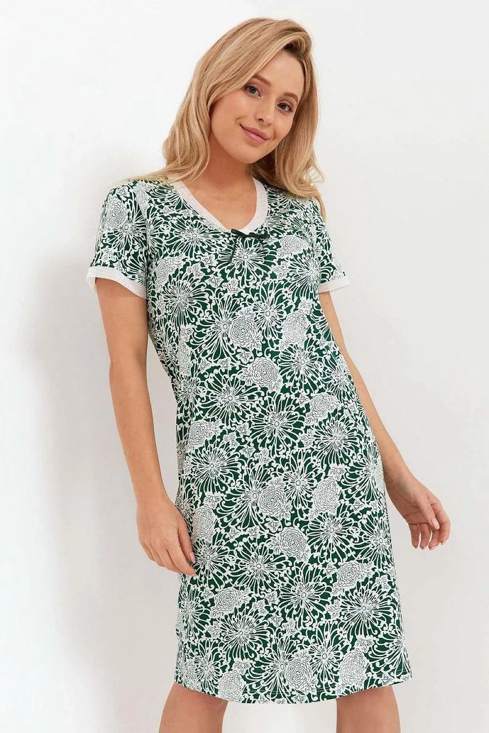 Robe casual femme motif floral blanc sur vert foncé manches courtes en V dos nu coton léger occasionnels décontracté