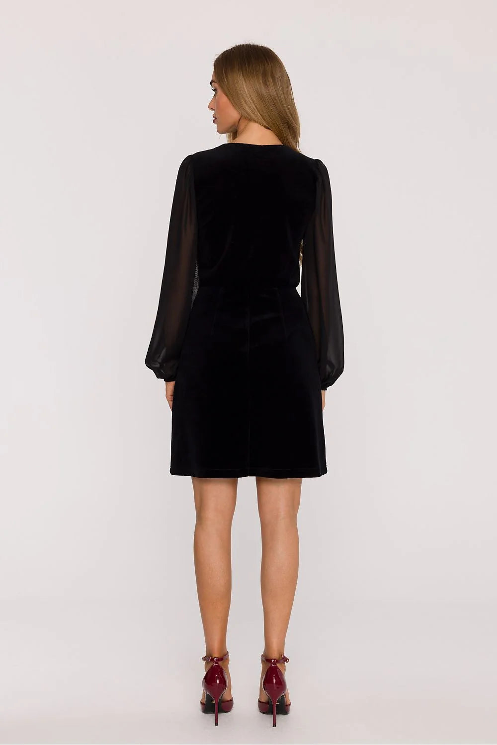 robe soirée mini velours noir chiffon transparent manches longues bouffantes poignets élastiqués encolure ronde taille cintrée trapèze élégante sophistiquée