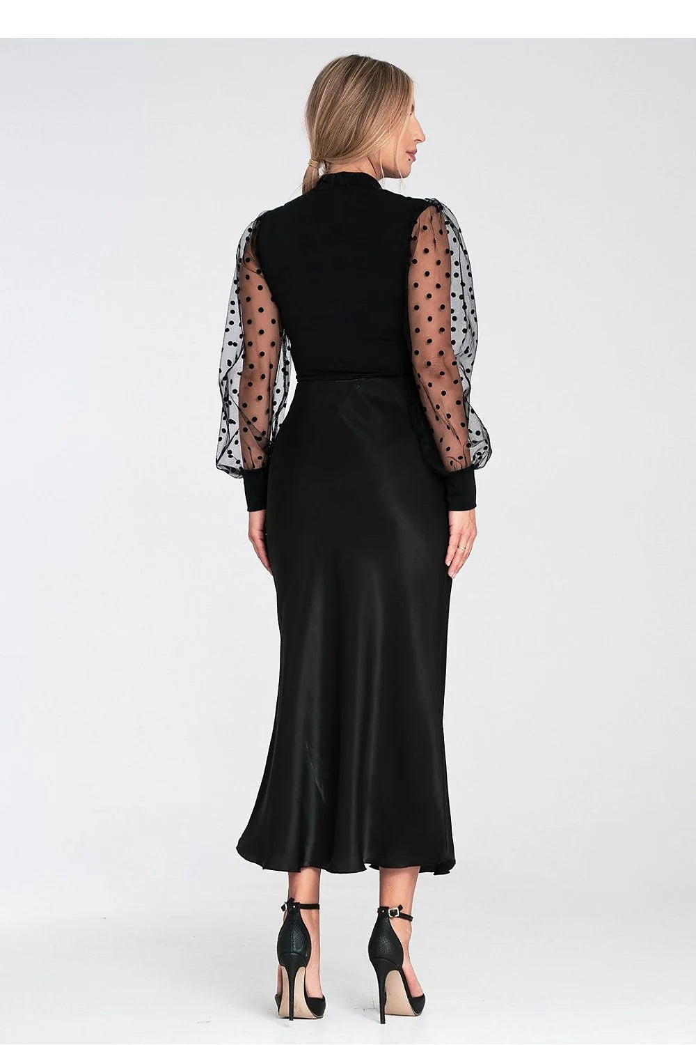 body femme noir corps ajusté maille extensible manches longues bouffantes tulle plumetis transparent pois col choker encolure V poignets côtelés