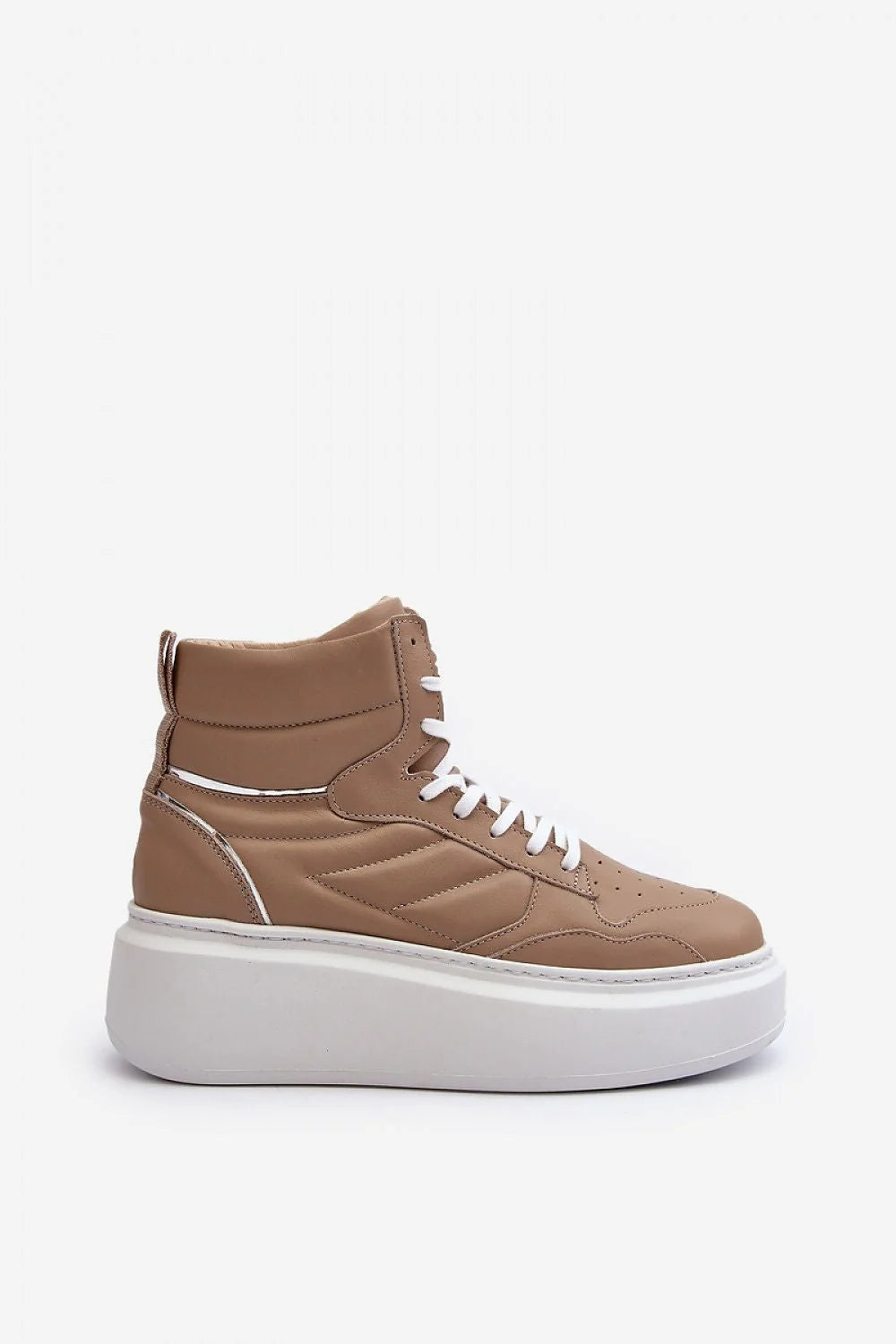 baskets montantes plateforme extraépaisse cuir naturel beige camel perforations surpiqûres col rembourré lacets blancs semelle blanche haute maintien confort quotidien
