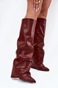 bottes hautes femme simili cuir bordeaux slouch tige froncée revers relevé talon colonne onze centimètres bout pointu doublure chaude confortable