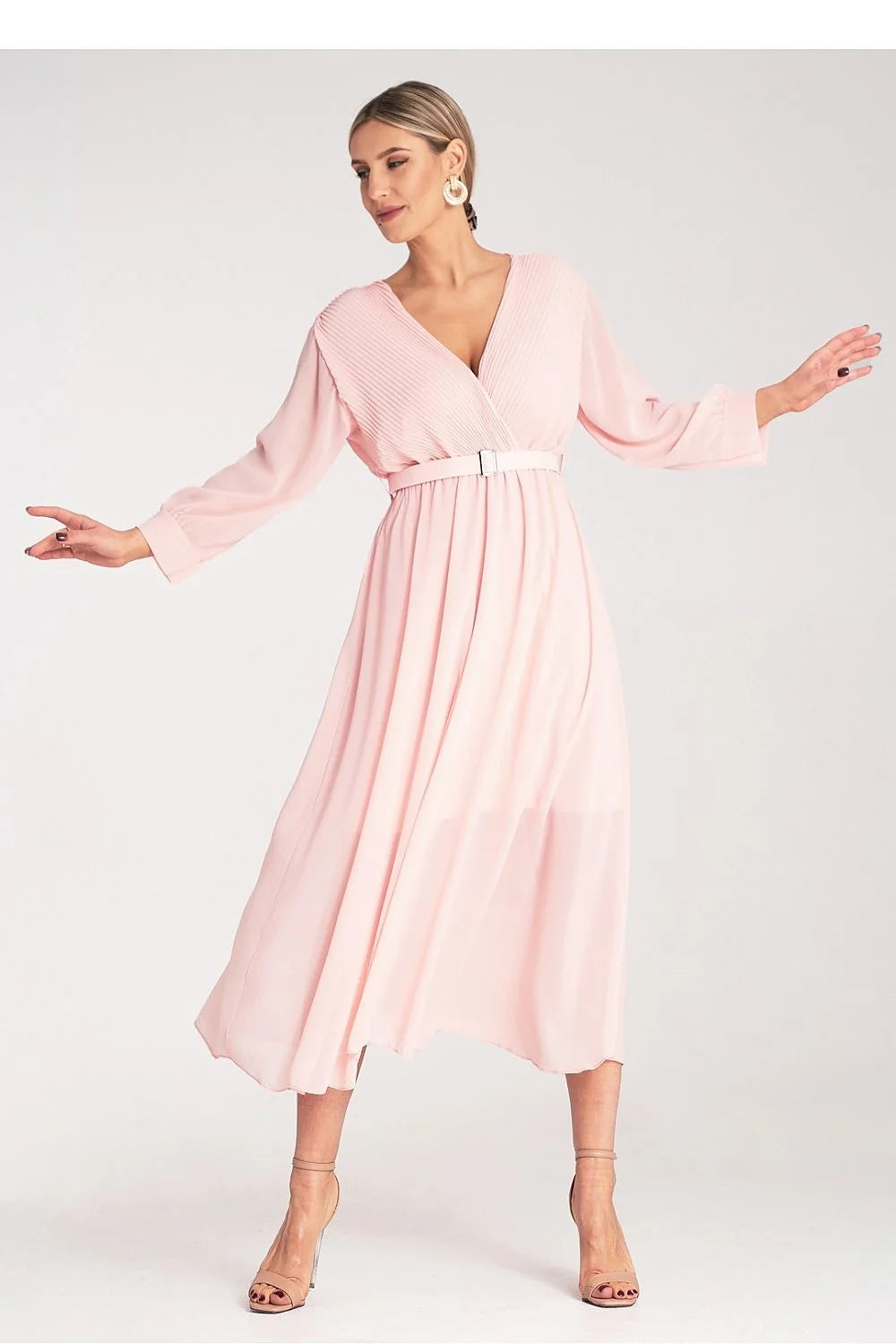 Robe de cocktail élégante longue manches longues col V profond ceinture ajustable femme Polyester 100%