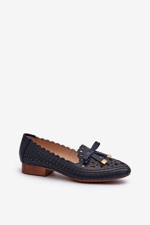 Ballerines élégantes Jezzi cuir artificiel talon plat nœud devant coupe amande navy blue femmes