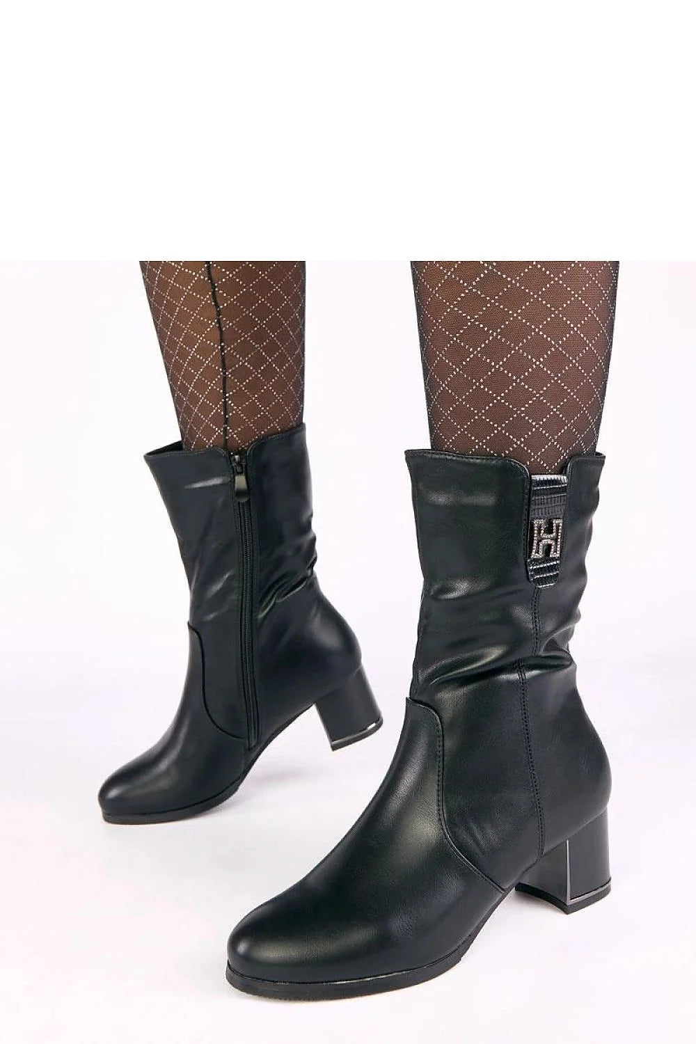bottines noires cuir synthétique élégantes brillantes zircons décoratifs talon carré confortable doublure douce tige froncée fermeture éclair