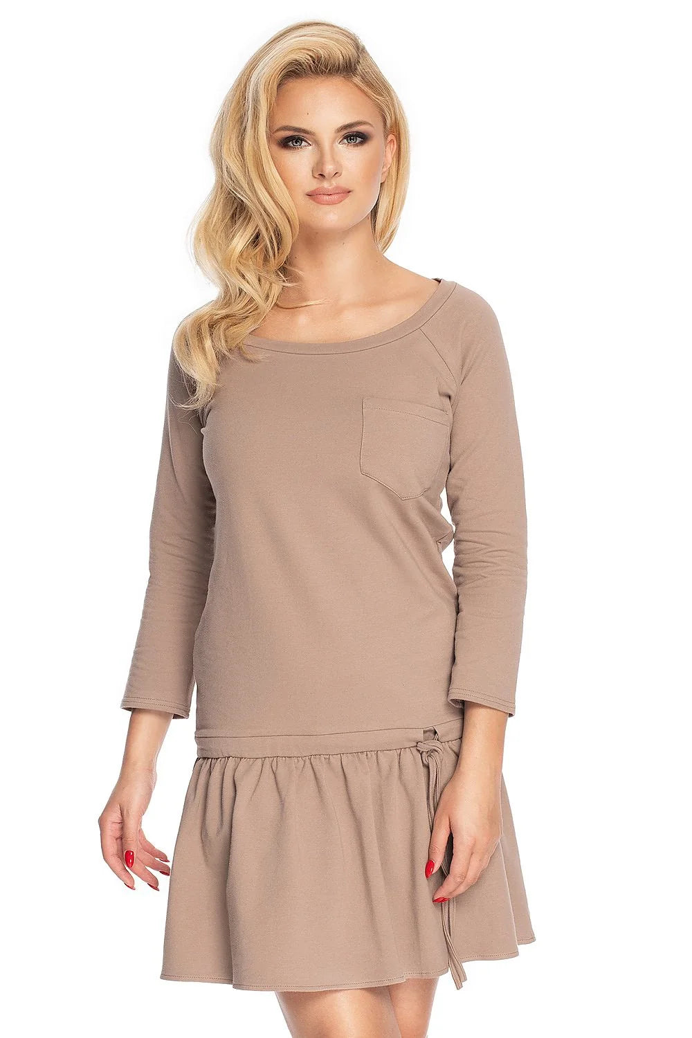 Robe casual femme Pee Ka Boo manches 3/4 coton bouclé beige taupe coupe droite taille marquée poche latérale
