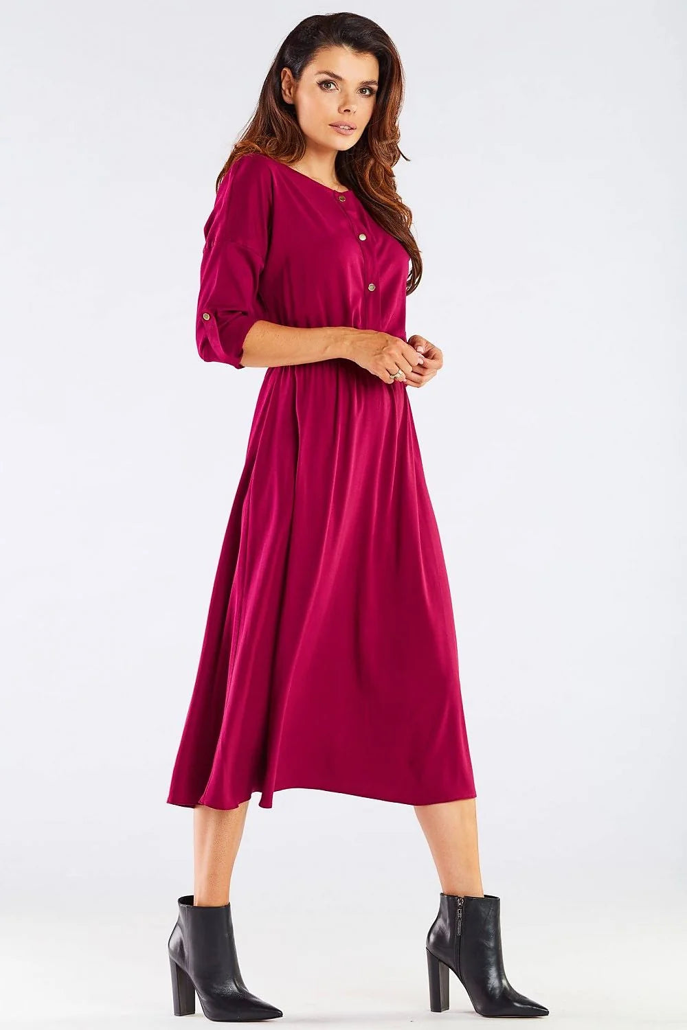Robe de jour élégante awama pour femme, robe midi manches kimono longues, couleur bordeaux, taille ajustable, matériau léger, pour travail et sortie