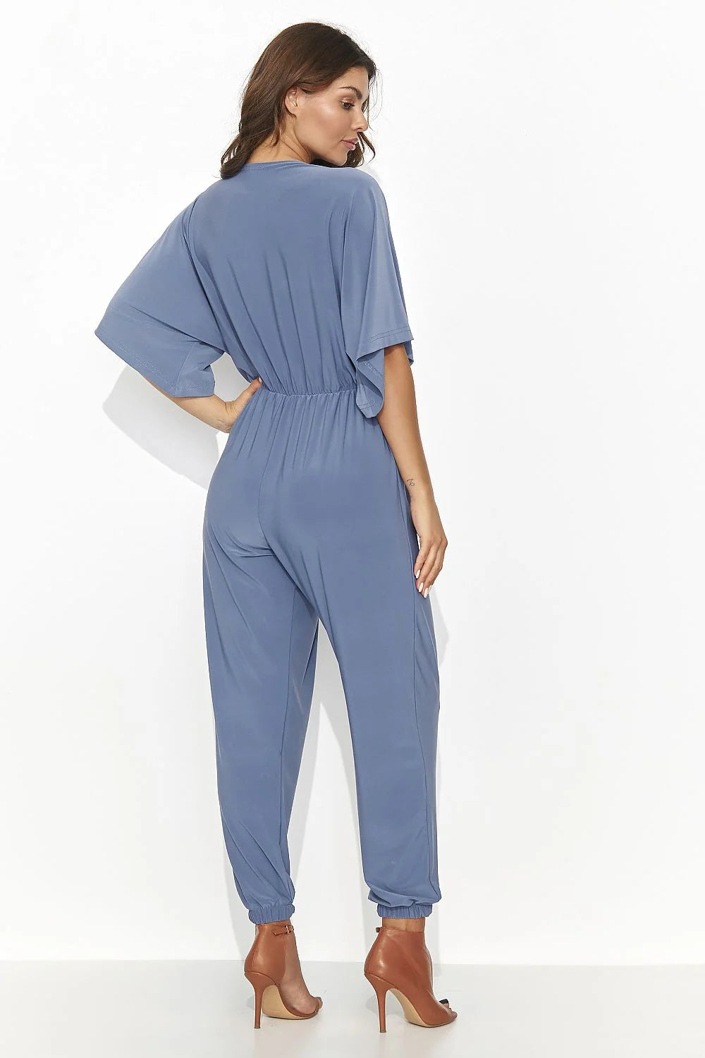 Combinaison femme chic élégante décontractée couleur bleu-gris viscose manches larges col V taille élastique jambes longues ourlet ajustable