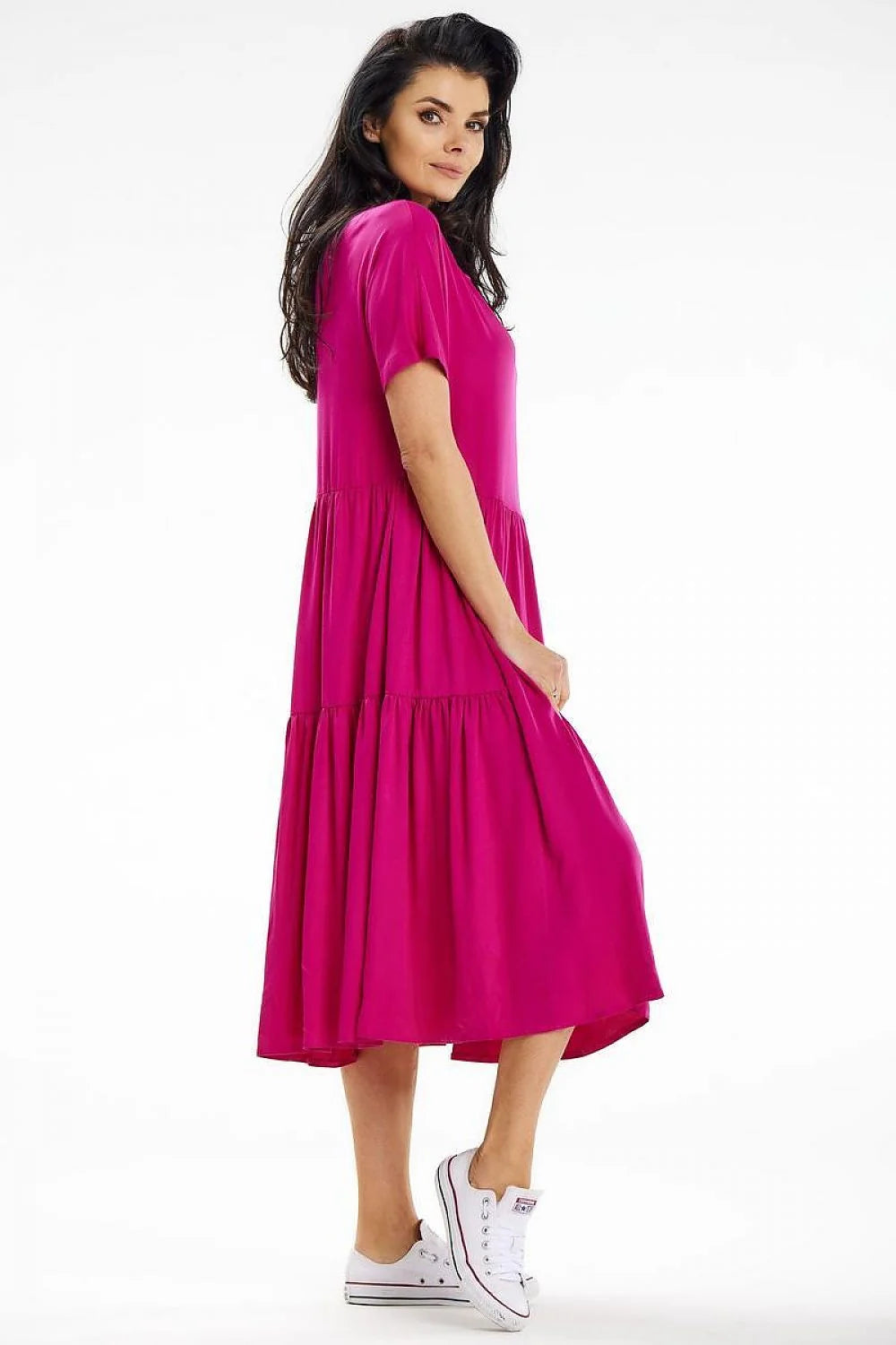 Robe de jour awama rose vif manches courtes encolure bateau jupe évasée fronces matière fluide elasthanne viscose