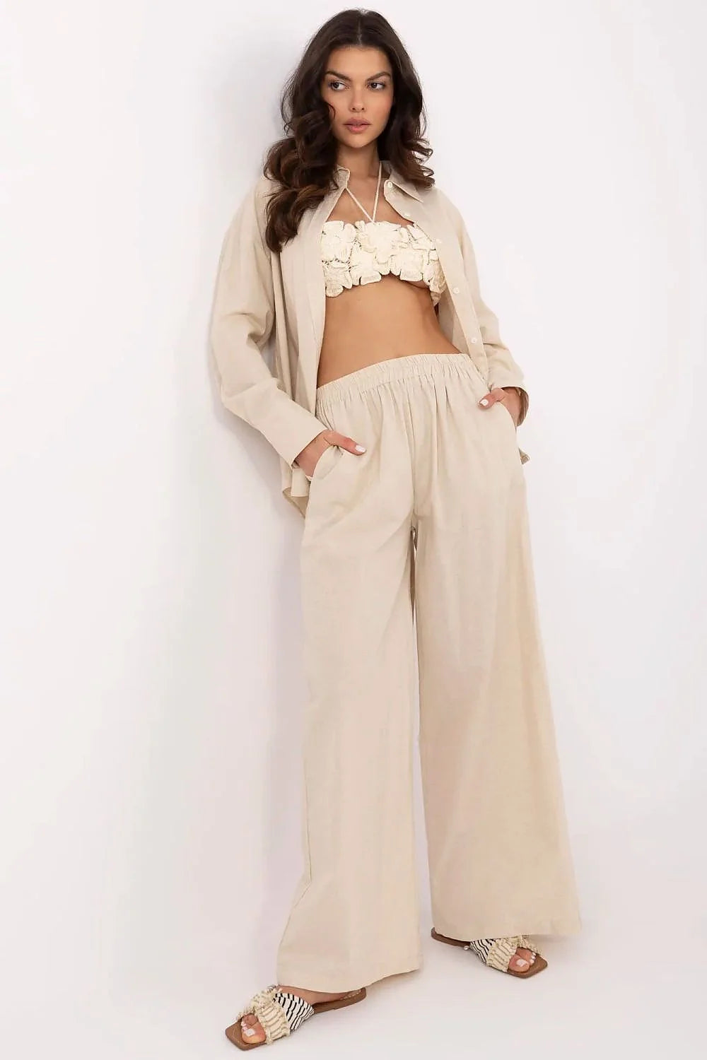 Ensemble NM pour femmes élégant et confortable, chemise manches longues, pantalon taille haute, sandales plates été