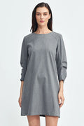 Robe femme design moderne coupe droite rayures verticales encolure ronde manches longues tissu laine polyester longueur au-dessus du genou