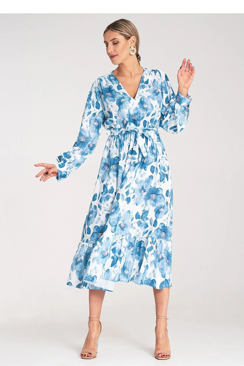Robe de jour Figl, robe maxi en polyester, décolleté en V, manches longues, motif floral bleu, taille ajustable, femme, S/M