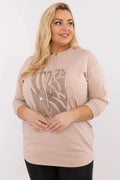 Chemisier grande taille Relevance en coton élasthanne manches 3/4 col rond lacets sequins beige motif doré femme