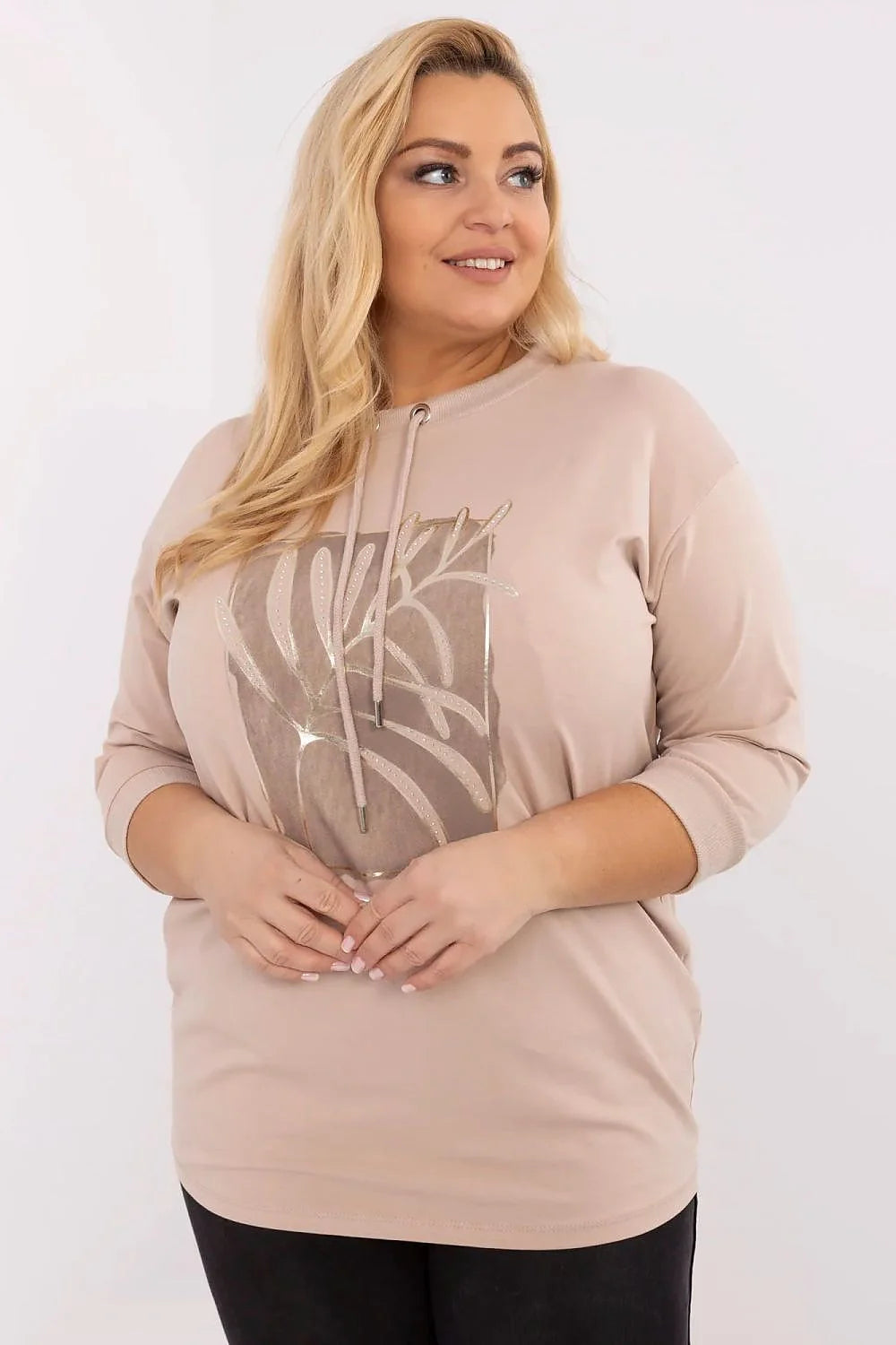 Chemisier grande taille Relevance en coton élasthanne manches 3/4 col rond lacets sequins beige motif doré femme