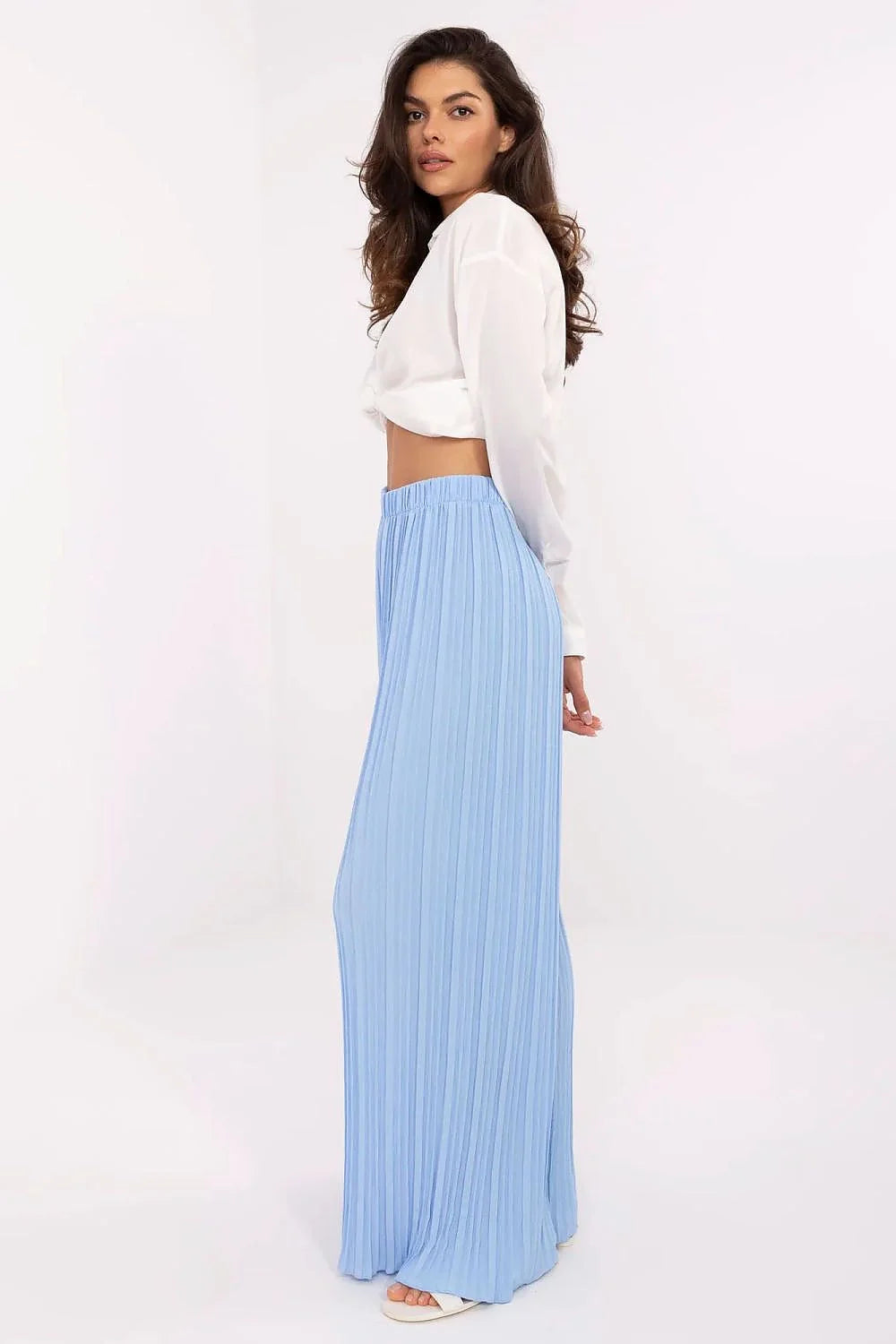Ensemble femme chemisier blanc pantalon bleu palazzo plissé elastique manches longues col classique coton polyester printemps été