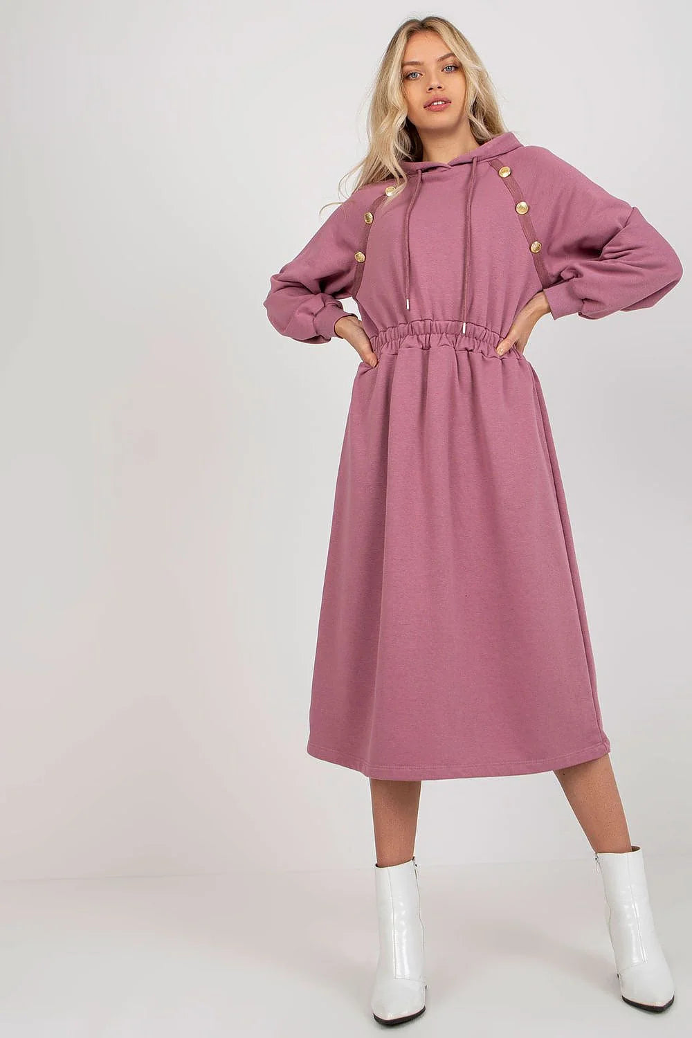 Robe de jour Relevance en coton et elasthanne, manches longues, capuche, boutons decoratifs, couleur verte, style casual, pour femme