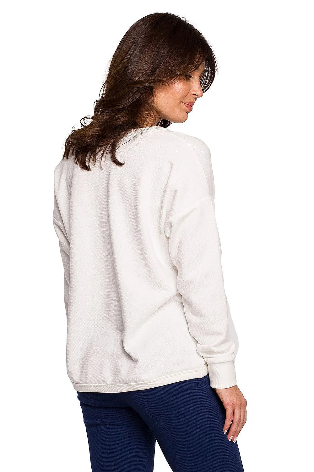 Sweatshirt femme coton coupe ample rose col V manches longues confortable style décontracté élégant