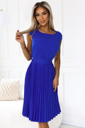 Robe Numoco Lilas bleu intense sans manches plissée évasée midi taille ajustable ceinture intégrée encolure ronde cintrée fluide polyester elasthanne