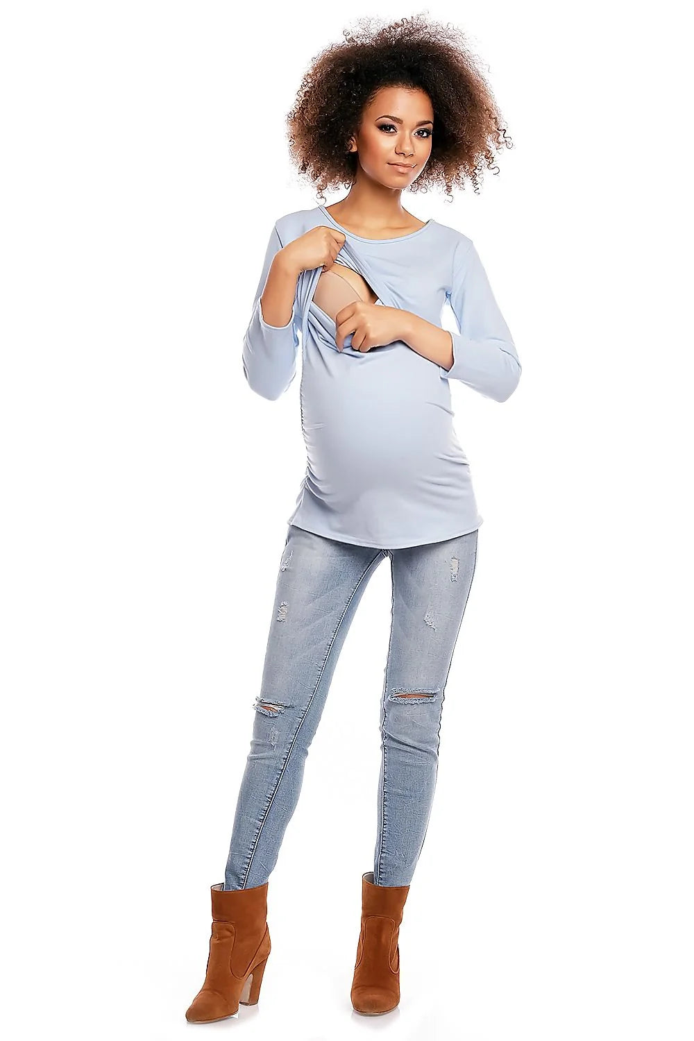 Haut de maternité coton bleu clair casual confort manches longues style élégant pour grossesse