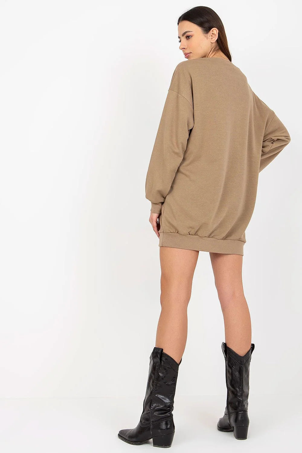 sweatshirt long femme oversize camel imprimé TEXAS varsity col rond manches longues bords côtes coupe mini décontractée poches latérales coton