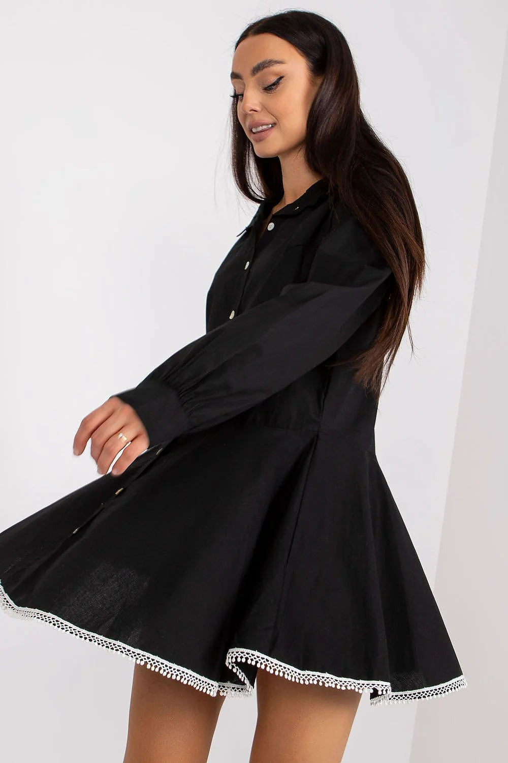 Robe élégante pour femme en émeri manches longues boutons argentés jupe évasée dentelle noire occasion semi-formelle