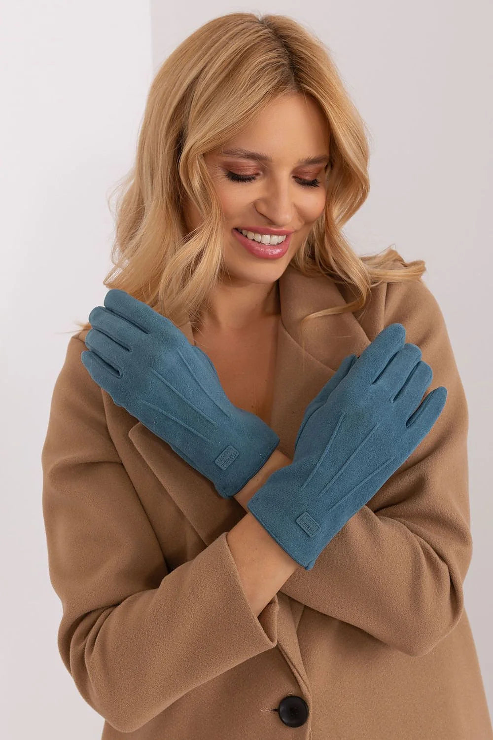Gants élégants pour femme en tissu lisse et isolé, couleur bleue apaisante, matière douce et luxueuse, style classique et moderne, parfait pour l'hiver et les occasions formelles