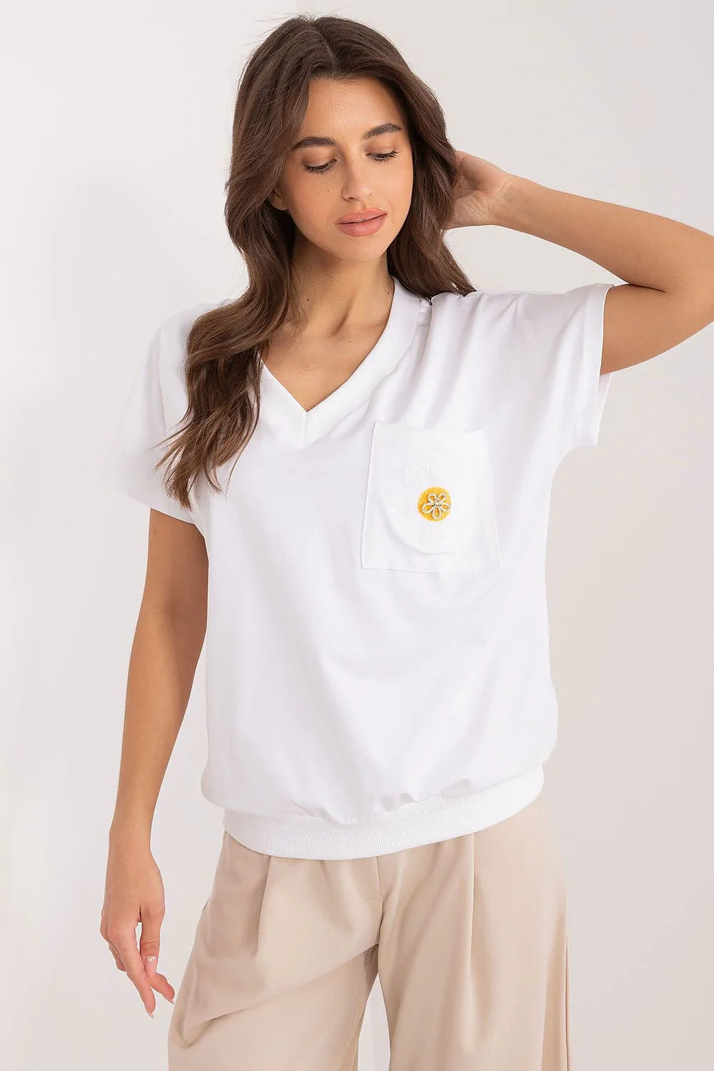 Chemisier Rue Paris en coton col V manches courtes style décontracté blanc broderie fleur jaune pour femmes occasion quotidienne