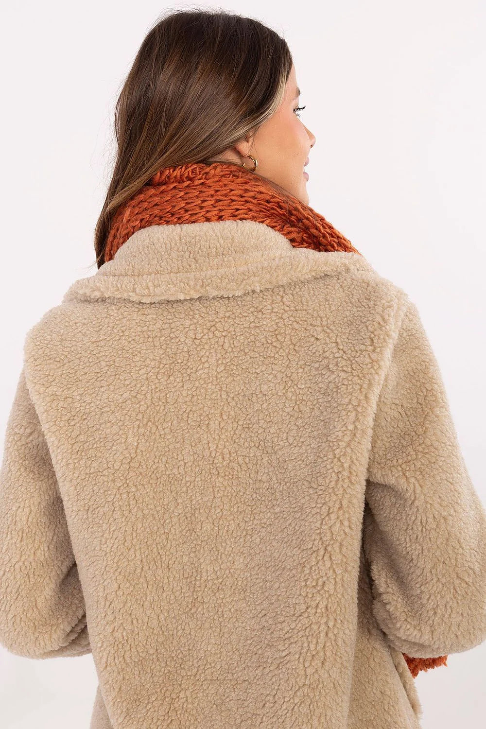 écharpe femme chunky tricotée grosse maille torsadée orange rouille profond pompons XXL laineux volumineux longue chaude cosy acrylique