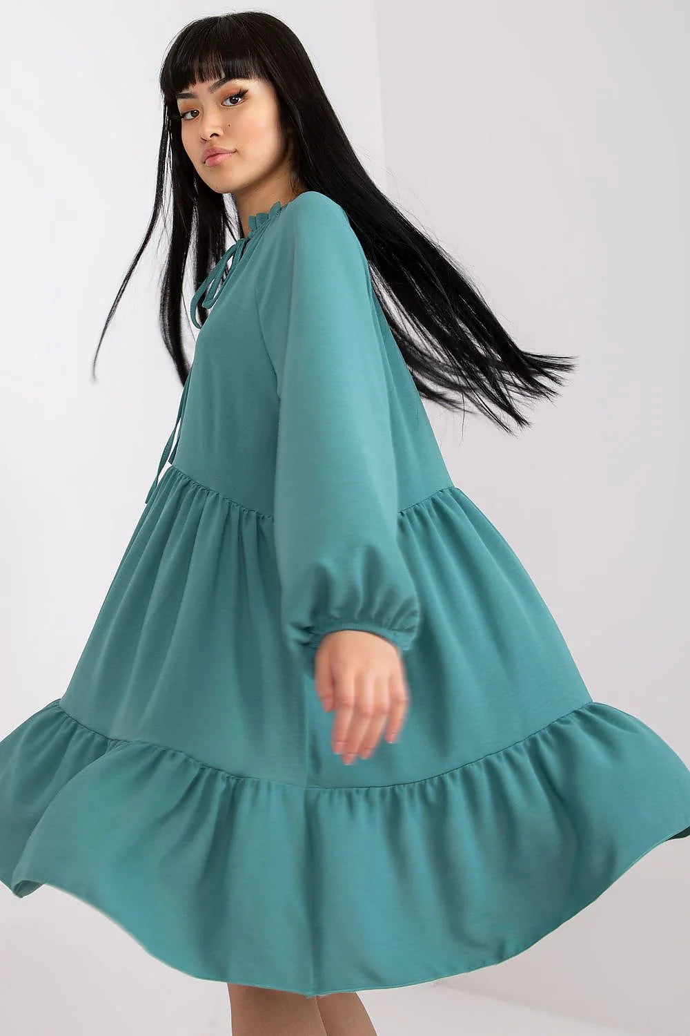 Robe de jour Italy Moda coupe évasée longues manches col arrondi noué tissu fluide elasthanne 3% polyester 97% taille universelle femme
