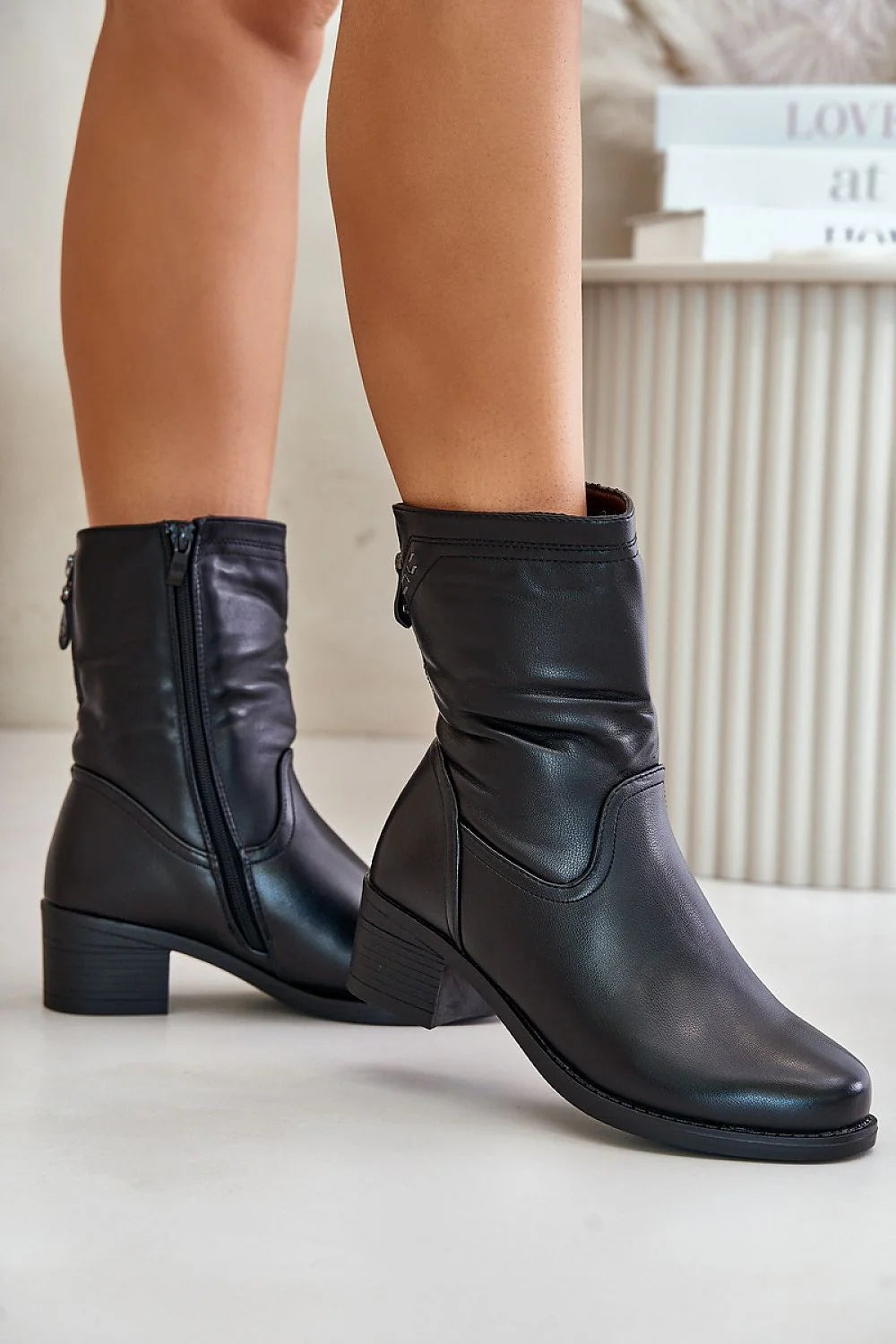 Bottes femmes talon bloc 5 cm cuir artificiel noir fourrure intérieure fermeture glissière élégance mode hiver Stephanie