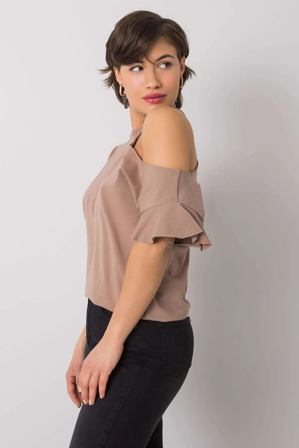 Blouse Fancy asymétrique pour femme, style cold shoulder, manches courtes, couleur rose vif, coton stretch, confortable, versatile, occasion多种