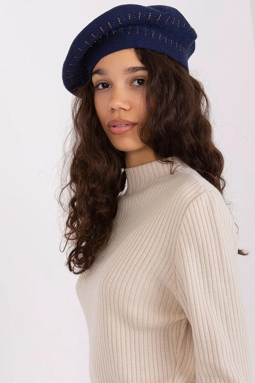 Béret classique élégant bleu marine broderies dorées acrylique coton cachemire pull tricot côtelé beige femmes automne hiver