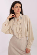 chemisier élégant féminin long dos allongé col orné jabot subtil manches bouffantes polyester léger fluide ajusté silhouette moderne
